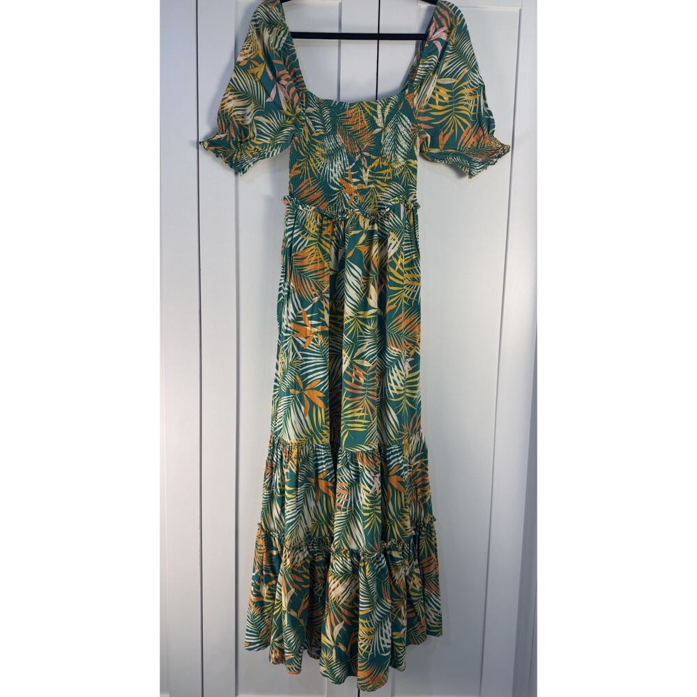 Betsey Johnson Maxi Dress Womens Small Tropical Palm Smocked Puff Sleeve Boho - Picture 5 of 7